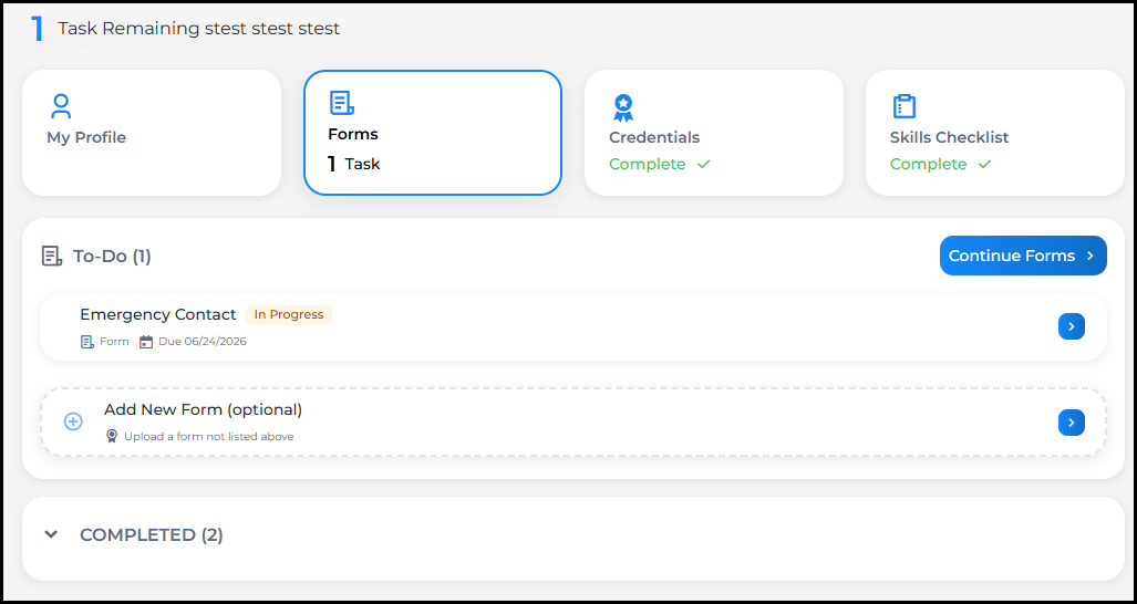 The To-Do list showing assigned tasks in the Forms section